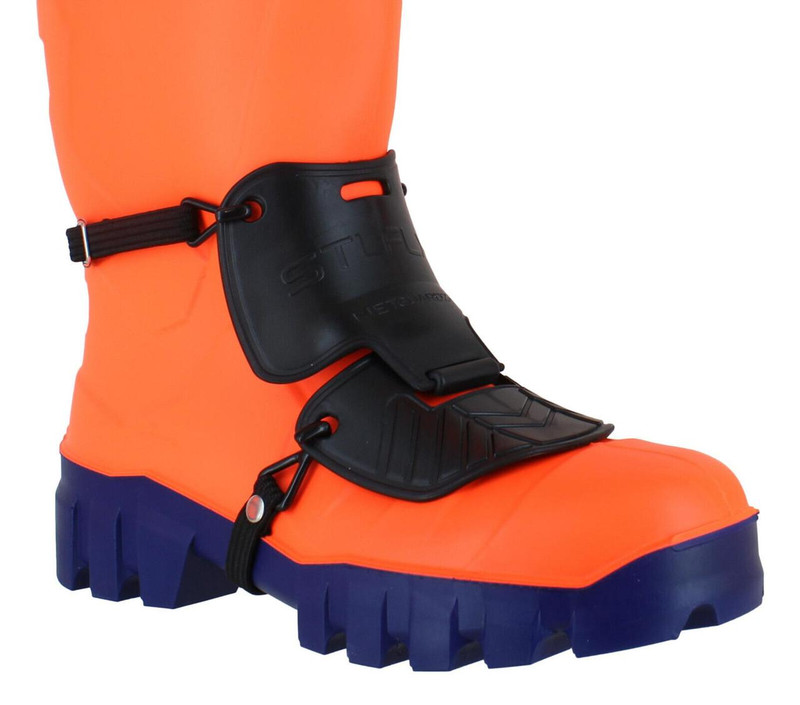 STLFLX SteelFlex MetGuard Strap On Protection Metatarsal Lace Boot Protector - 1 Pair, image showing an orange and blue safety boot with a black metatarsal protection strap and guard for foot safety.