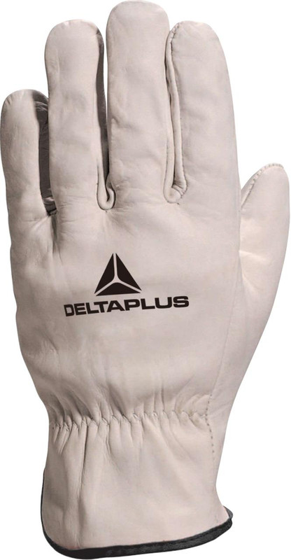 Delta Plus Mens/Womens Unlined Leather Cowhide Winter Cold Drivers Gloves, white leather gloves with elastic wrist and Delta Plus logo.