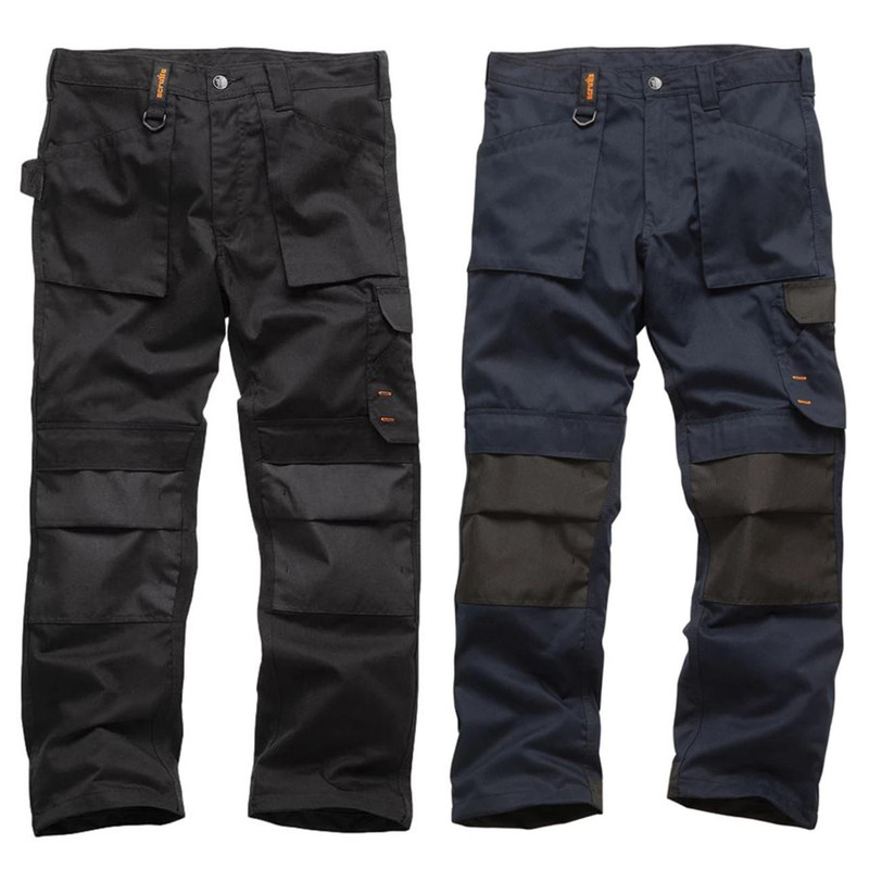 Scruffs Worker Mens Lightweight Workwear Trousers, pair of durable black and navy blue work trousers with multiple pockets and reinforced knees for added toughness.