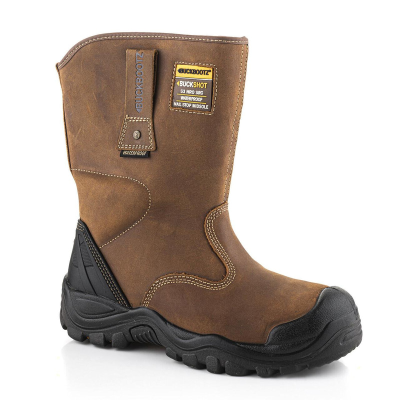 Buckbootz BSH010 Buckshot Mens Rigger Pull On Steel Safety Boots, durable brown leather construction with steel toe cap, rugged black outsole, and waterproof features.