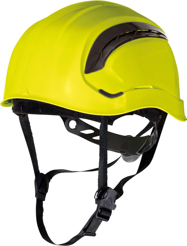 Delta Plus Delta-Plus Granite Wind Vented ABS Safety PPE Helmet, yellow vented safety helmet with adjustable black straps and protective face shield.