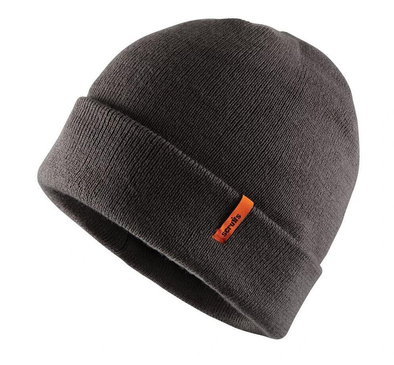 Scruffs Mens Trade Thinsulate Classic Beanie Hat, gray knitted beanie with a fold-up cuff and orange logo tag.