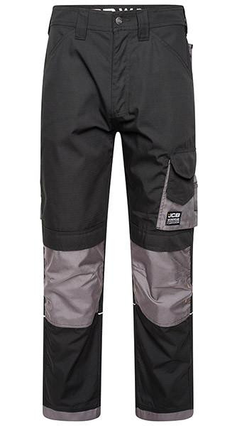 JCB Trade Rips Stop Mens Cargo Work Trade Trousers - Regular Leg, black and grey durable cargo work trousers with reinforced knee patches and multiple pockets for tradesmen.