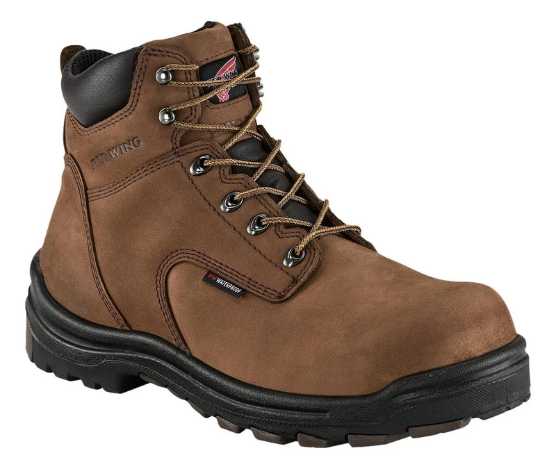 Red Wing Shoes Red Wing King Toe 3043 Mens 6 Inch Vibram Waterproof S7L Safety Ankle Boots, brown waterproof safety boots with reinforced toe and rugged sole.