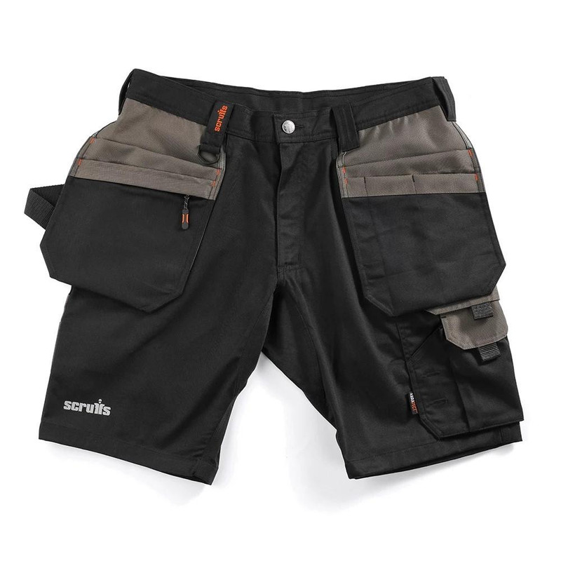 Scruffs Worker Plus Holster Mens Multi Pocket Cargo Shorts, black and grey work shorts with multiple pockets and utility features.