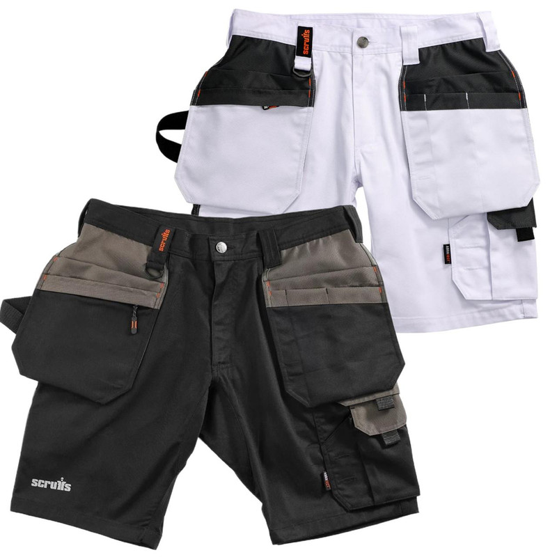 Scruffs Worker Plus Holster Mens Multi Pocket Cargo Shorts, black and white work shorts with multiple pockets and durable design for construction or outdoor work.