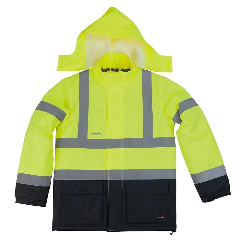 Scruffs High Visibility Mens Hi-Viz Waterproof Zip Up Jacket Coat, bright yellow and black waterproof safety jacket with reflective strips and a hood for high visibility and protection in work environments.