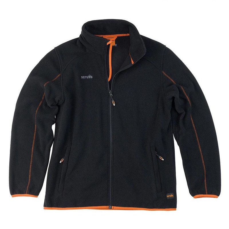 Scruffs Harbour Mens Micro Fleece Zip Up Jacket Coat, black fleece jacket with orange accents, front zipper, stand-up collar, and zippered side pockets.