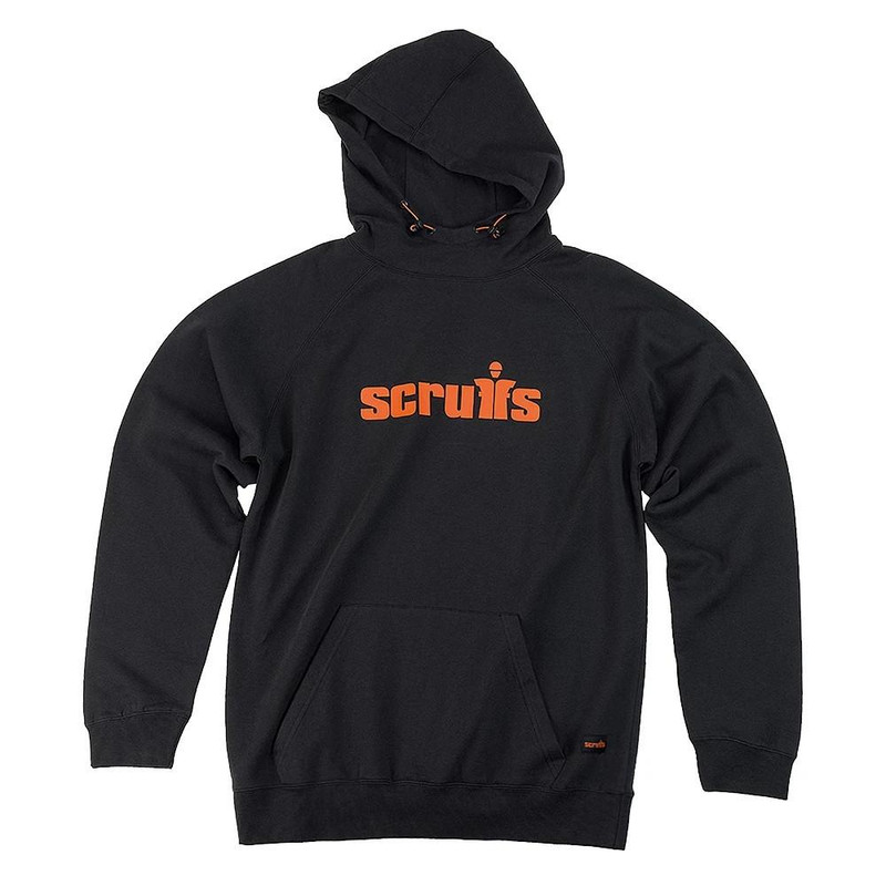 Scruffs Tamworth Logo Mens Pull Over Sweat Shirt Hoodie, black hoodie with orange logo on the front.