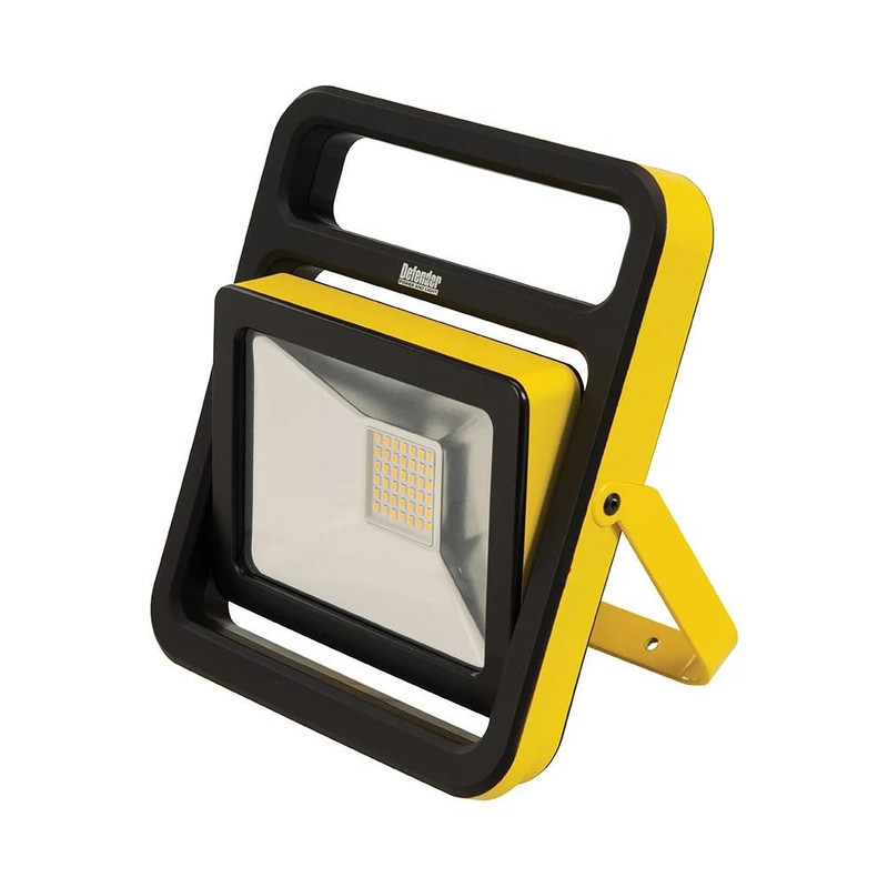 Defender 20W 30W 50W Slimline LED Floor Light Wired Floodlight, a portable and energy-efficient LED floodlight with a yellow and black frame, suitable for outdoor and industrial lighting applications.