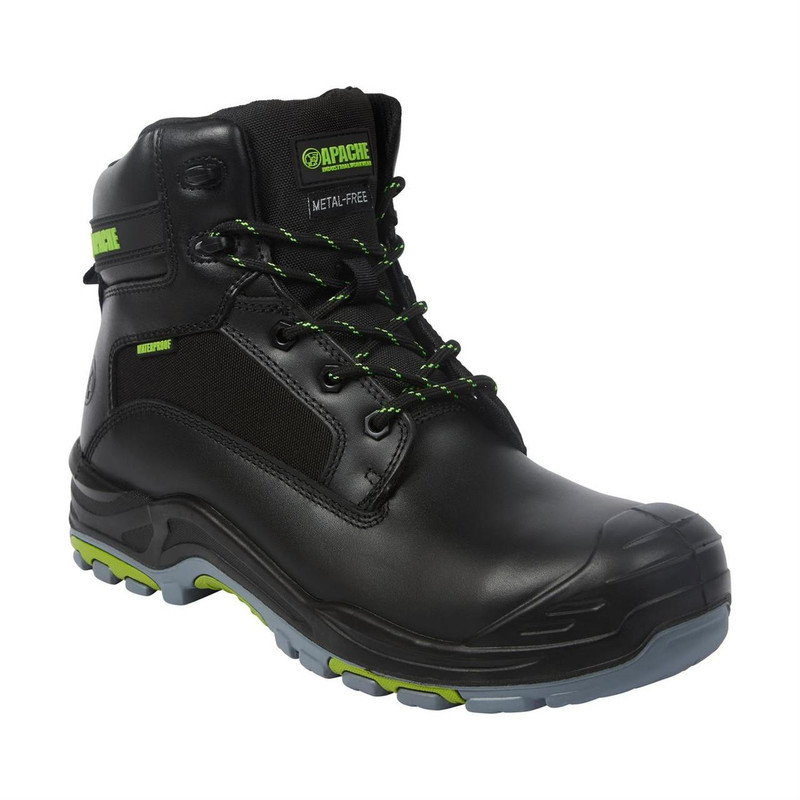Apache APACHE Dakota Mens Lace Up Safety Work Non-Metallic S3 Ankle Boots, black industrial safety boots designed for durability and protection with green accents.