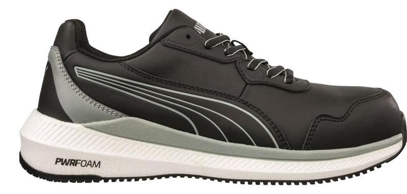 PUMA Safety PUMA Zoom S3S Low Men's Composite Toe/Midsole S1P Safety Work Trainers, black and grey work shoes with safety features for industrial use.