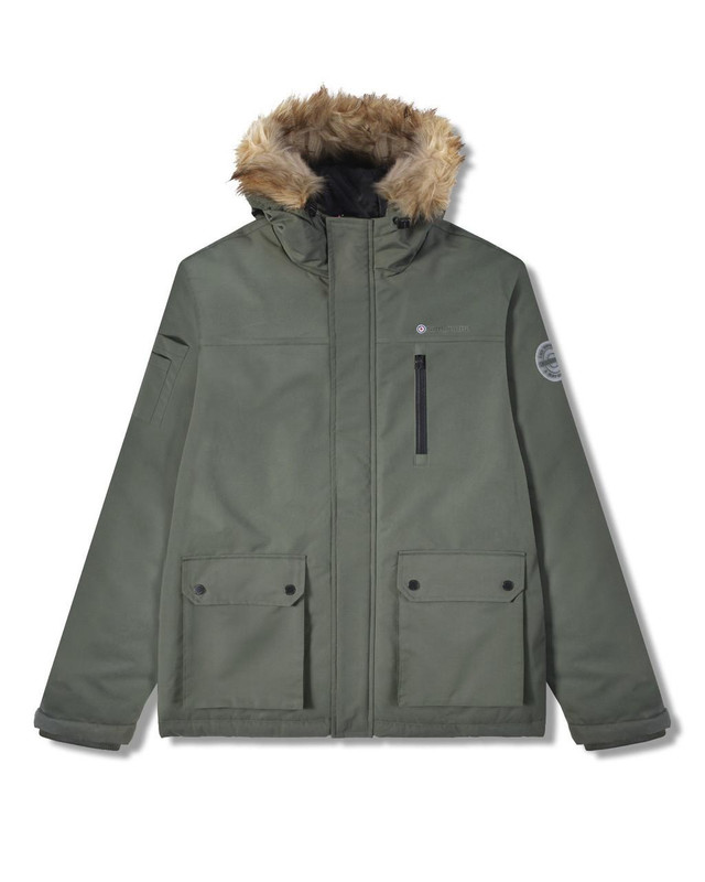 Lambretta Mens Utility Hooded Quilted Classic Badged Parka, olive green winter jacket with faux fur-lined hood, multiple pockets, and logo patches.