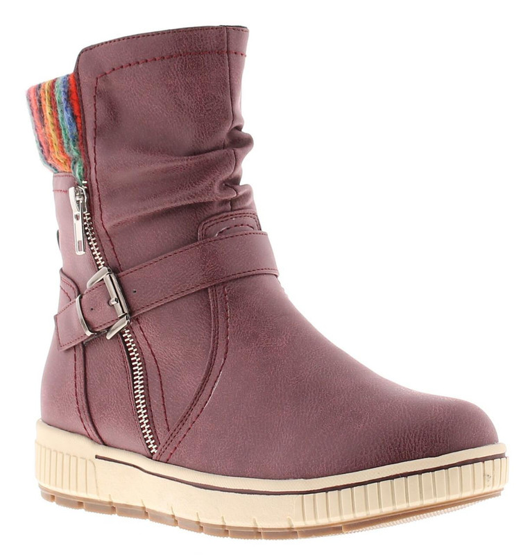 Natrelle Gillian Womens Zip Up Boots Ankle Boots, Burgundy leather boot with side zipper, buckle strap detail, and multicolored knit cuff at the top, with a beige sole.
