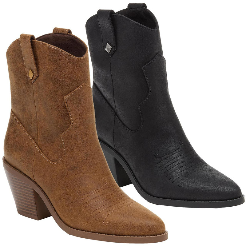 Rocket Dog Feather Womens Classic Cowboy Pull On Western Boots, pair of brown and black cowgirl boots with pointed toes and stacked heels.
