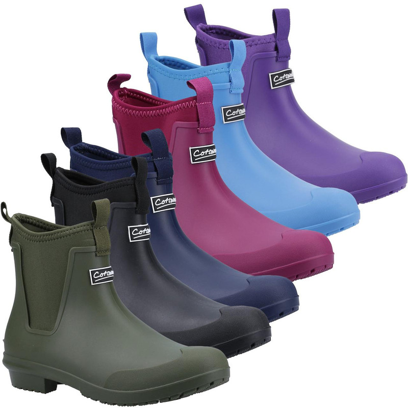 Cotswold Grosvenor Womens Pull On Ankle Wellies Wellingtons Boots, colorful waterproof ankle boots for women in green, navy, pink, blue, and purple with slip-on design and pull tabs.