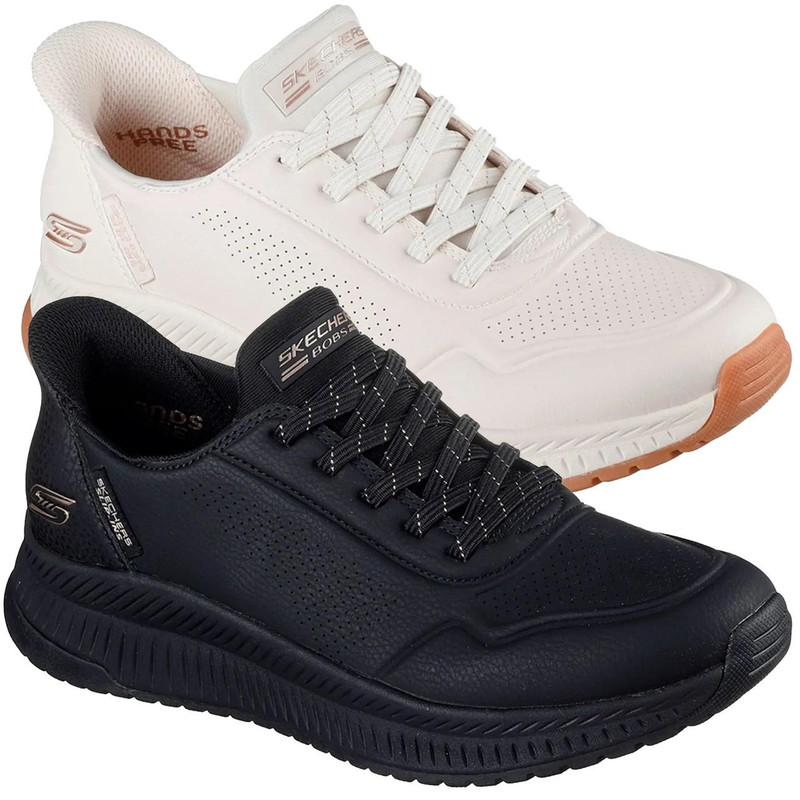 Skechers Bobs Squad 4 Key Lock Womens Slip Ins Trainers, pair of white and black slip-on casual sneakers with perforated design and cushioned insoles.