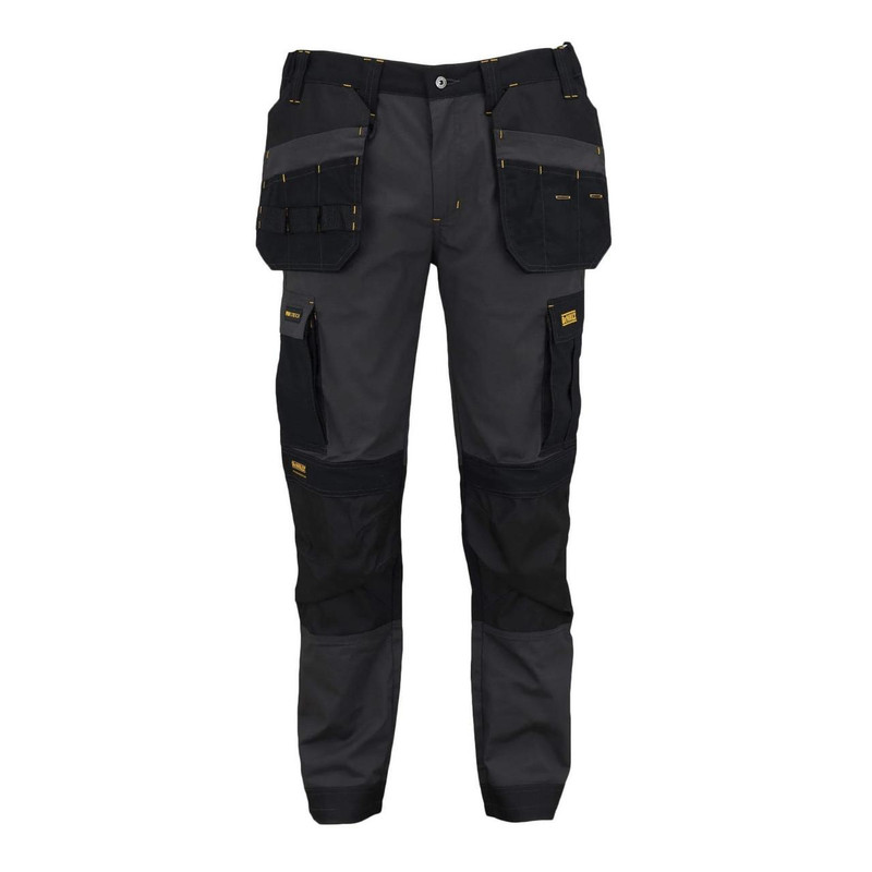 DeWalt Albany Men's Pro-Stretch Holster Slim-Fit Trousers, black and gray work trousers with multiple pockets and reinforced knees, designed for durability and professional craftsmanship.