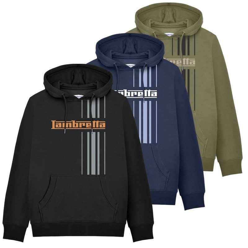 Lambretta Stripe Mens Pull Over Sweatshirt Hooded Hoodie, image showing three hooded sweatshirts in black, navy blue, and olive green with striped patterns and Lambretta logo.