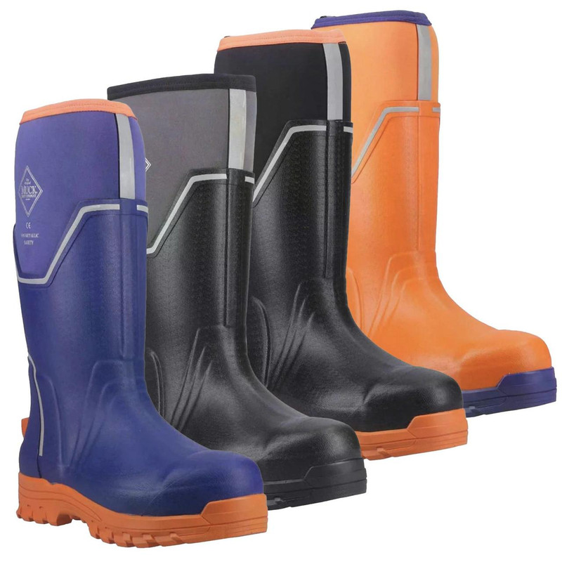 Muck Boots MUCK Boots GRIT S5 Mens Tall Safety Composite Toe/Midsole Wellie, set of four waterproof safety boots in blue, black, black, and orange colors with durable soles.