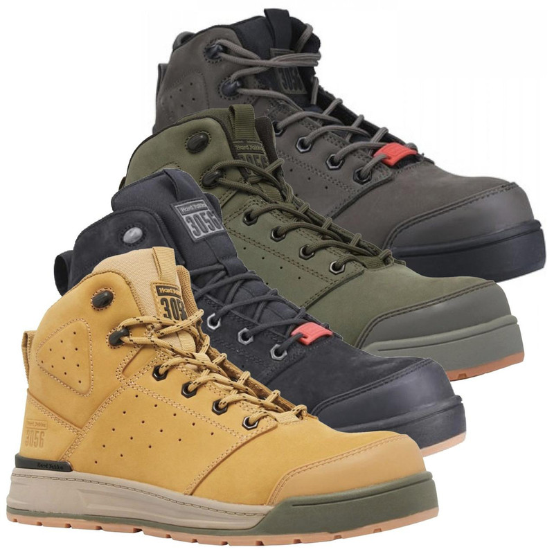 Hard Yakka 3056 Mens Side Zip Safety Composite Toe Ankle Boots, versatile work boots in yellow, black, and olive green with side zippers and safety features.