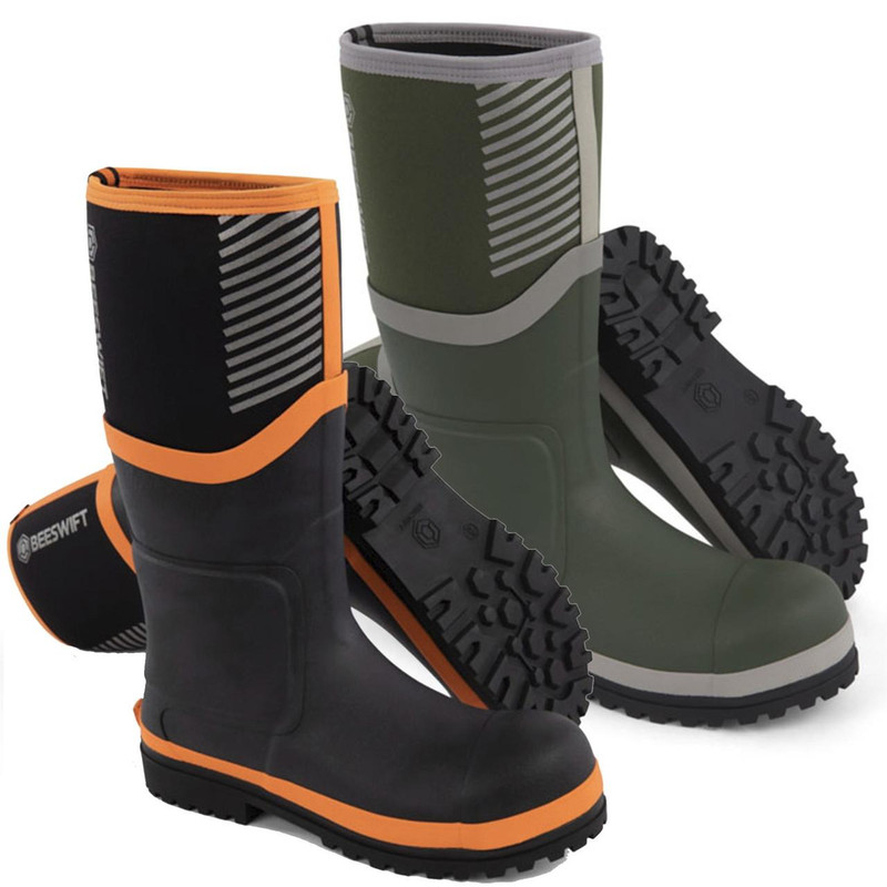 Beeswift Neo Force Mens S5S Composite Toe/Midsole Wellington, pair of durable waterproof work boots with slip-resistant soles in black and green colors.