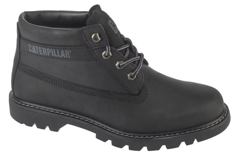 Caterpillar Colorado 2.0 Chukka Mens Casual Lace Up Ankle Boots, black leather outdoor footwear with durable tread sole and metal eyelets for laces.