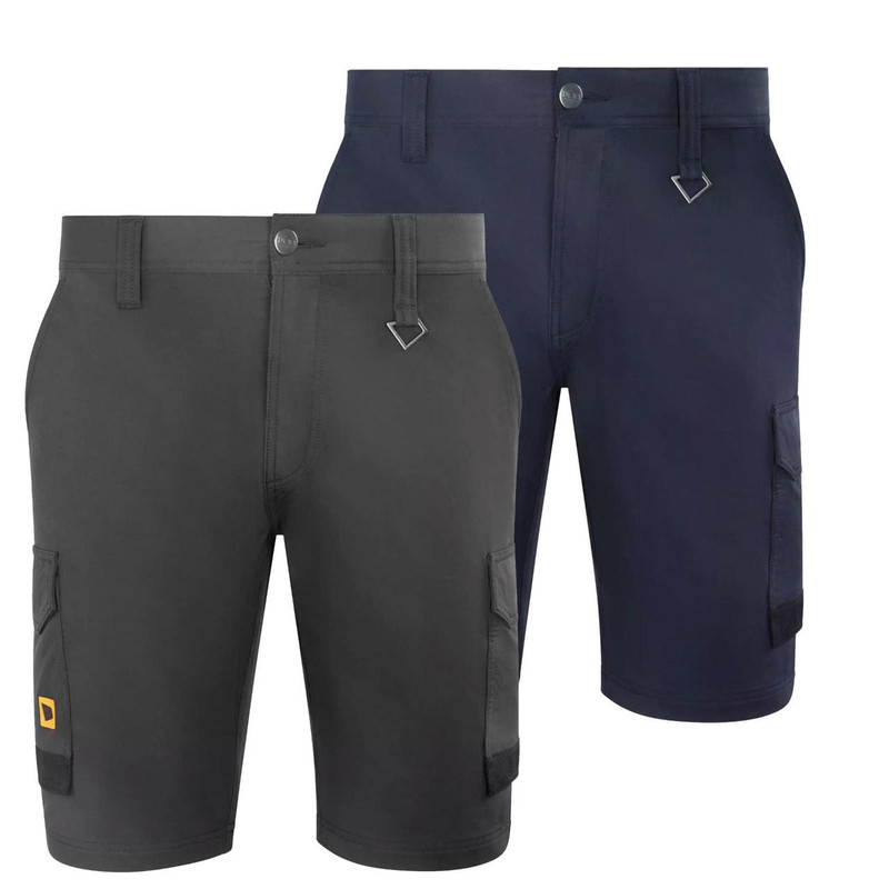 JCB 4-Way Stretch Mens Premium Cargo Work Trade Shorts, in navy blue and dark grey, featuring multiple pockets and reinforced stitching suitable for workwear.