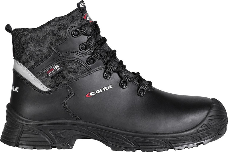 Cofra Wigan Mens/Unisex Composite Toe Midsole Safety S7 Leather Work Boots, black work boots with reinforced toe, high ankle support, and rugged sole designed for industrial safety and durability.