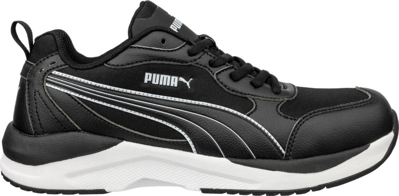 PUMA Safety PUMA Shift Mens S3S Composite Toe Midsole Work Shoes Trainers, black athletic safety work shoes with white accents and sturdy construction.