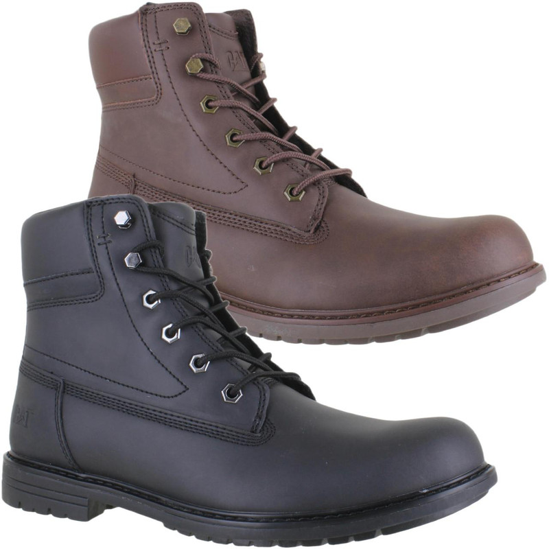 Caterpillar Staten 6" Mens Casual Military Combat Lace Up Ankle Boots, brown and black leather lace-up boots with durable construction, padded collar, and rugged soles.