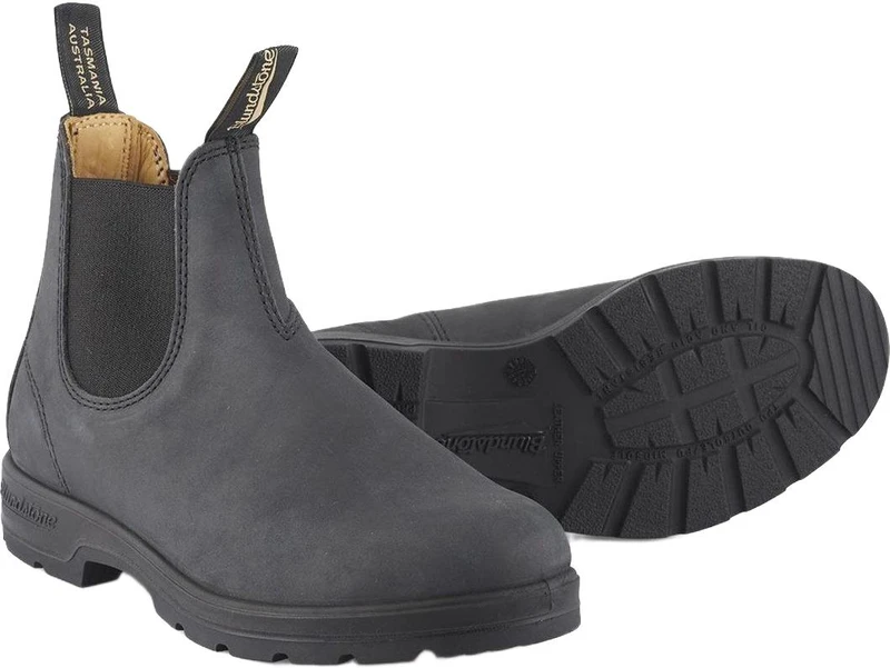 Blundstone 587 Mens Classic Pull On Chelsea Dealer Ankle Boots, black leather slip-on Chelsea boots with elastic side panels and durable rubber sole.