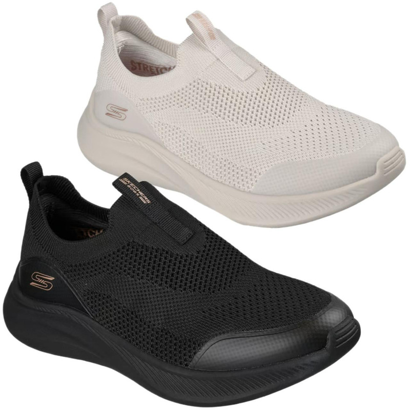 Skechers Bobs Moda Flex Chill Dawn Womens Slip On Casual Trainers, white and black mesh slip-on sneakers.