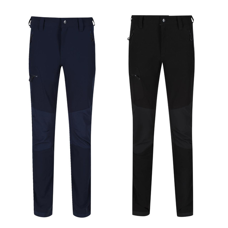 Regatta Prolite Softshell Stretch Mens Work Trousers - 29/31/33 Leg, two pairs of men's black and navy work trousers with stretch softshell fabric, multiple zippered pockets, and durable knee padding for outdoor and construction work.