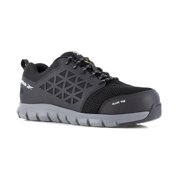 Reebok Excel Light Mens S1P SR Safety Toe/Midsole Trainers, black and gray safety footwear with protective toe and cushioned midsole for work safety.