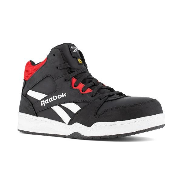 Reebok BB4500 Mens Mid S3 Safety Composite Toe/Midsole Ankle Boots, black and red safety work boots with white sole and laces.