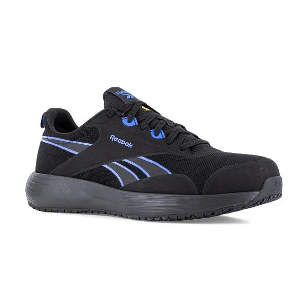 Reebok Lite Plus 4 Mens Safety S1P Composite Toe/Midsole Trainers, black athletic safety shoes with blue accents and sturdy sole for workplace safety.