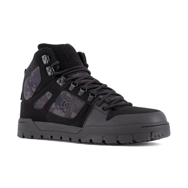 DC Work Crew Pure Mens Work Safety S3 Composite Toe/Midsole Boots, black and gray safety work boot with durable construction and protective features.