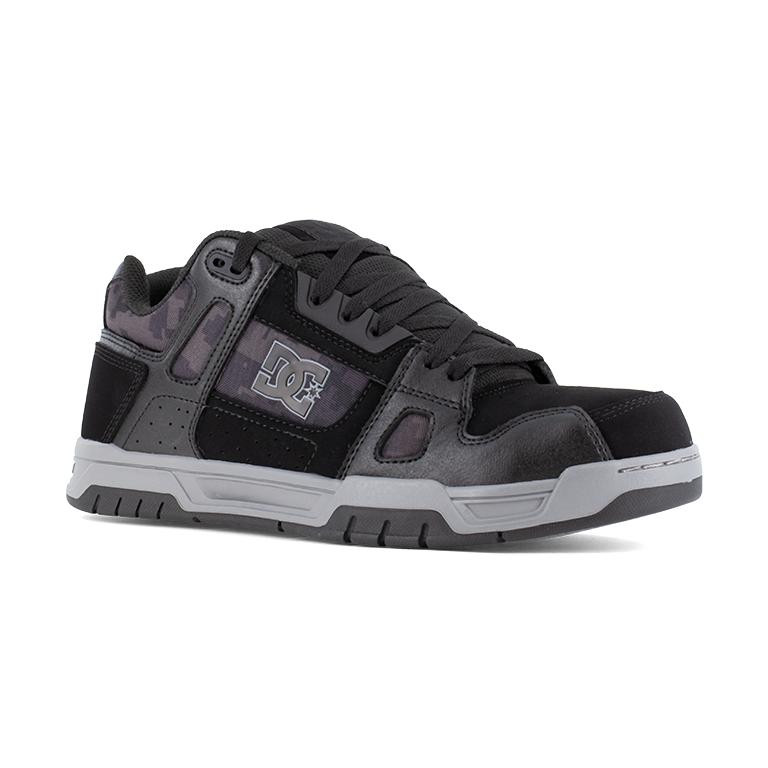 DC Work Crew Stag Mens Work Safety S3 Composite Toe/Midsole Trainers, Black and gray work shoes with durable construction, lace-up design, and safety toe features for industrial safety.