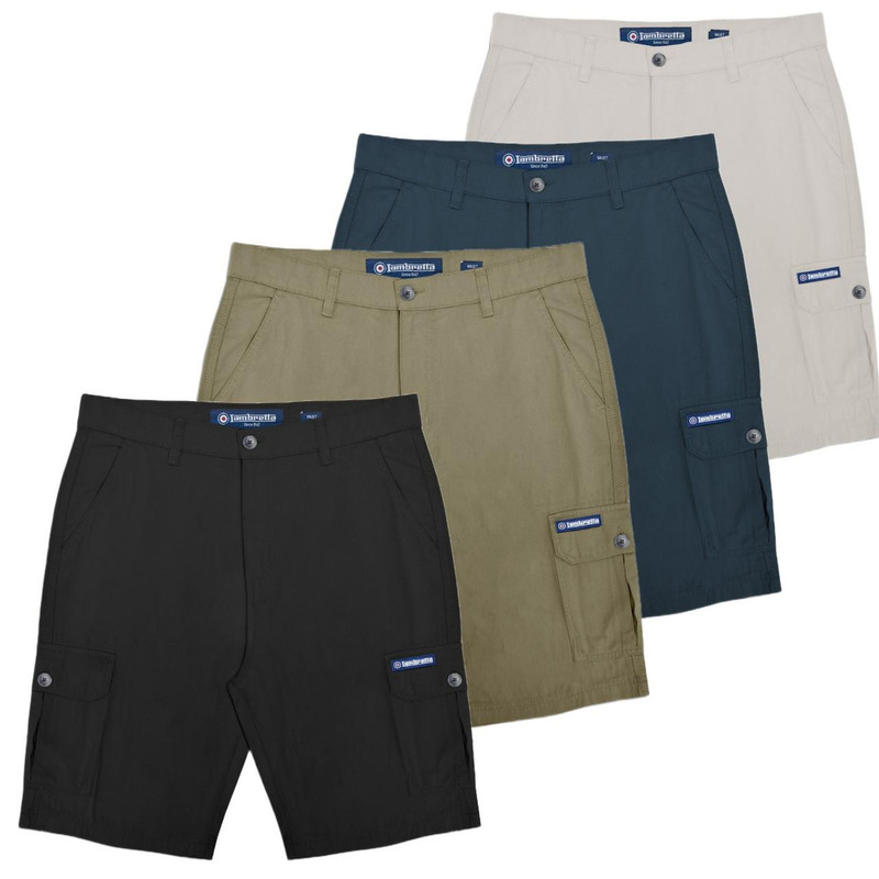 Lambretta Mens Cargo Pockets Casual Summer Shorts, set of four shorts in black, khaki, navy blue, and beige, featuring multiple pockets, belt loops, and button closures.