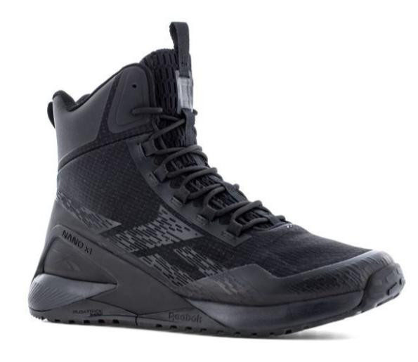 Reebok Nano X1 Adventure Mens Tactical 6" OB Soft Toe Side Zip Boots, black tactical combat boots with side zipper, lace-up closure, and rugged outsole designed for outdoor and tactical use.