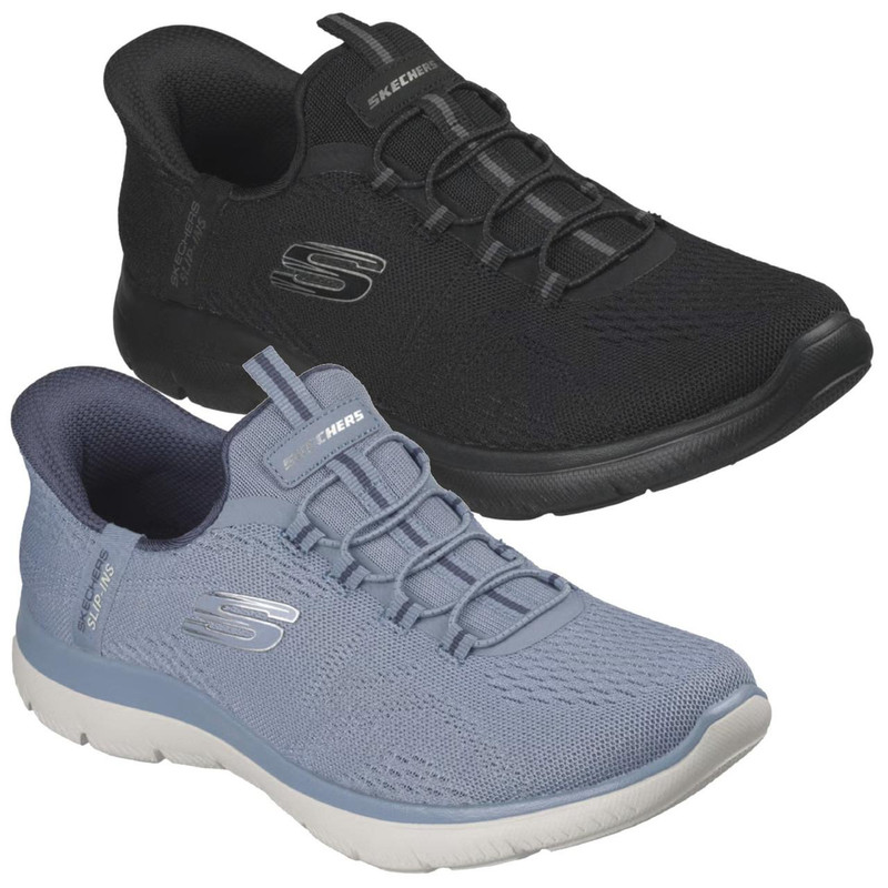 Skechers Summits Dream Chaser Womens Slip-Ins Sports Trainer, athletic slip-on shoes in black and grey with breathable mesh uppers and cushioned soles.