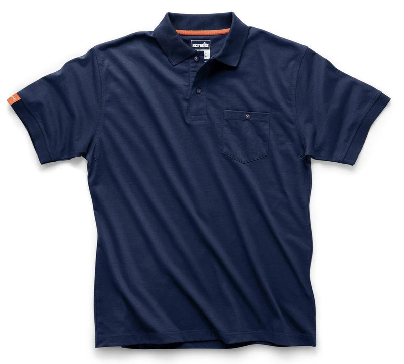Scruffs Eco Worker Mens Classic Short Sleeve Professional Polo, navy blue short sleeve polo shirt with a front chest pocket and a classic collar.