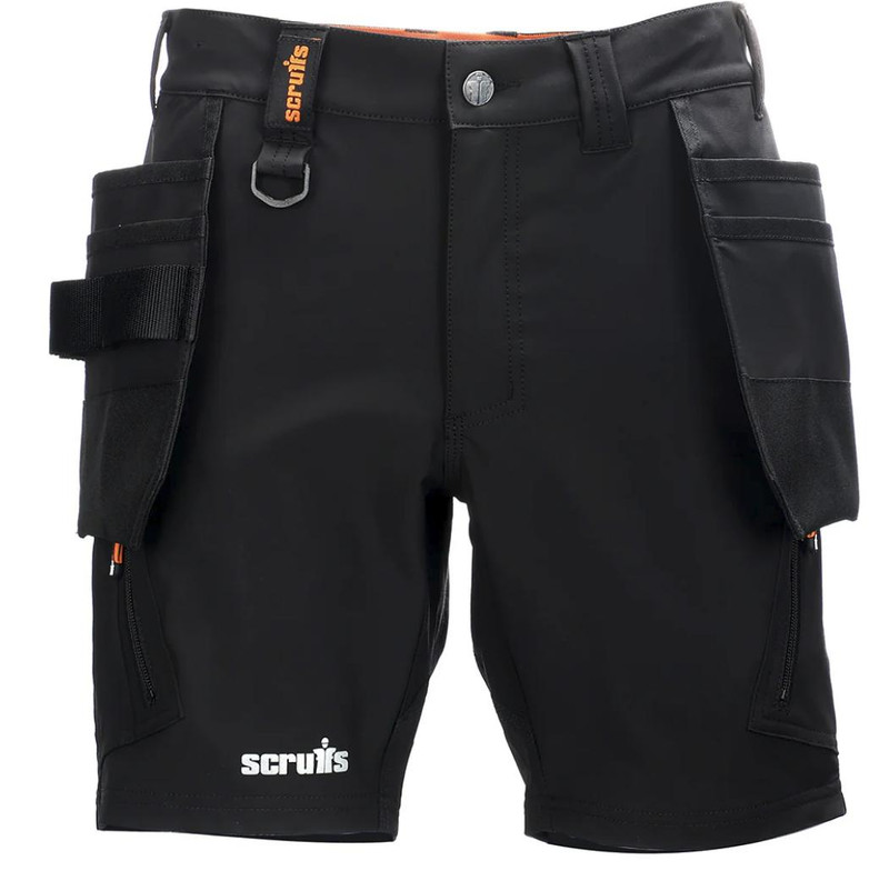 Scruffs Alverton Mens Holster Multi Pocket Cargo Shorts Waist, black men's work shorts with multiple size-appropriate cargo and utility pockets, and a sturdy construction.