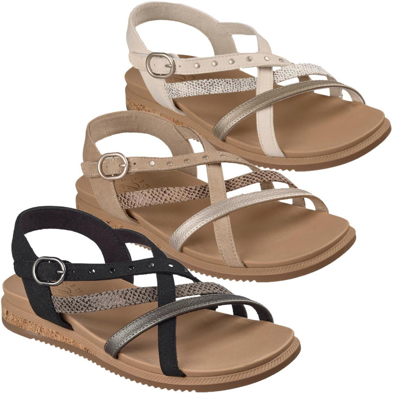 Skechers Desert Kiss Low Seaside Sling Womens Ankle Strap Sandals, set of three fashionable women's sandals with ankle straps in white, beige, and black, featuring a cushioned footbed and versatile design.