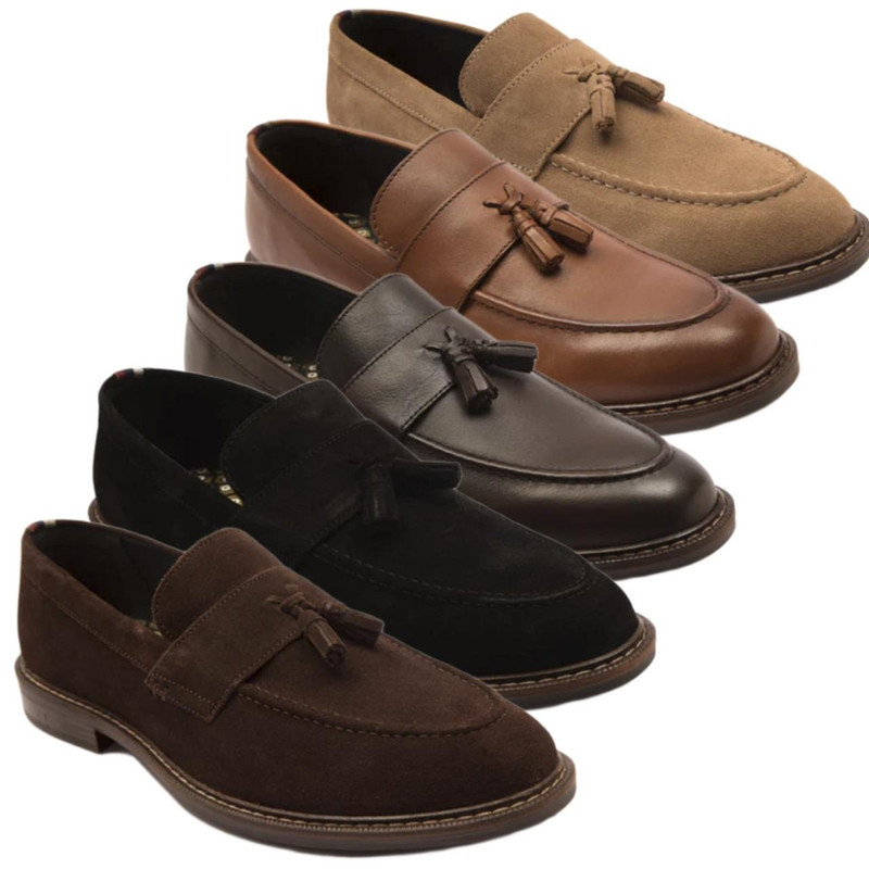 Thomas Crick Clinton Mens Tassel Loafer Slip On Leather Smart Shoes, set of four stylish men's tassel loafers in beige, brown, grey, and black leather, featuring slip-on design with decorative tassels for a smart casual look.