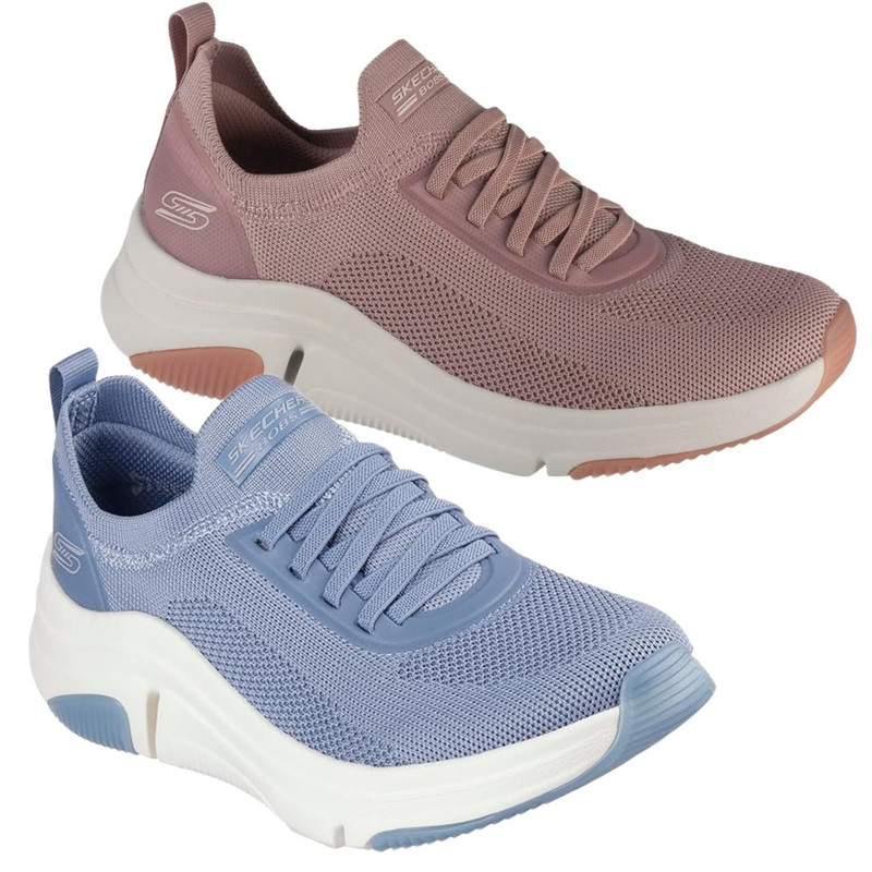 Skechers Bobs Sparrow Flex Instant Clout Womens Casual Trainers, pair of pink and blue athletic shoes with mesh uppers and chunky white soles.