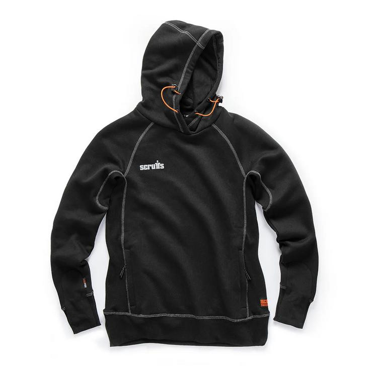 Scruffs Trade Hoodie Womens Pull Over Sweat Shirt Jumper, black hooded sweatshirt with contrasting stitching and logo details.