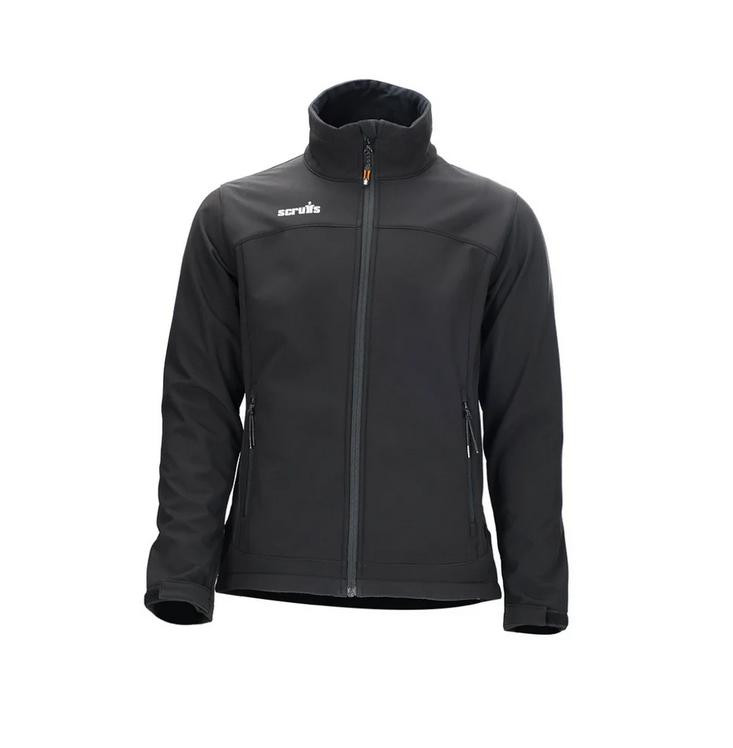 Scruffs Trade Softshell Womens Zip Up Work Warm Hooded Jacket Coat, black softshell women's work jacket with front zipper and hood.