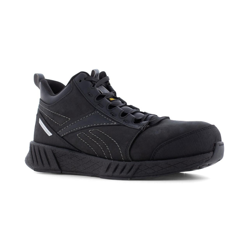 Reebok Fusion Mid Mens S3 Safety Composite Toe/Midsole Trainers, black safety work shoes with rugged design and padding for shock absorption.